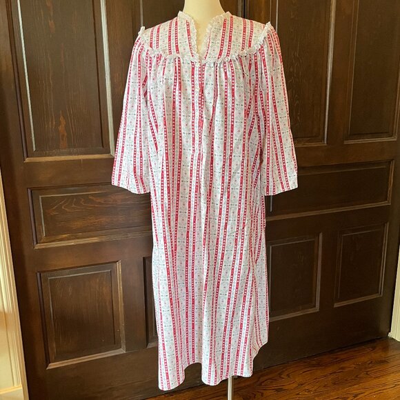 Lanz of Salzburg Flannel Nightgown Hearts Flowers Stripe Eyelet Trim Prairie S/M - Picture 1 of 8